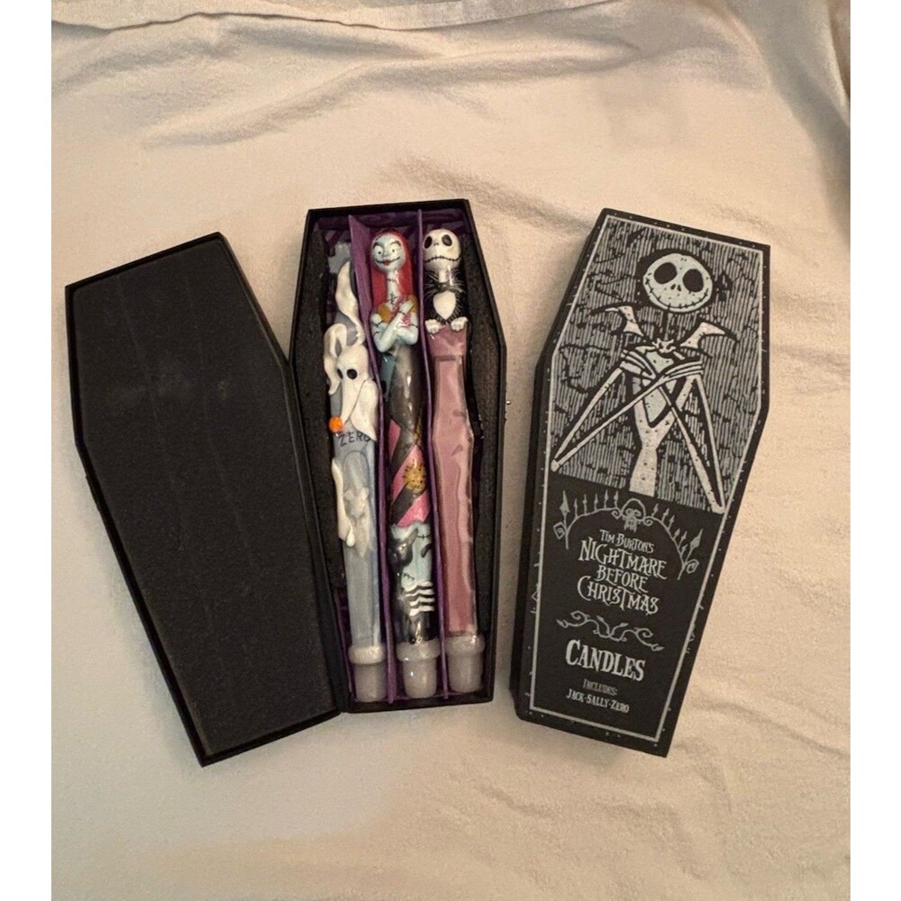 Nightmare Before Christmas 3 pc Candle Set Jack, Sally & Zero NEW in Coffin Box